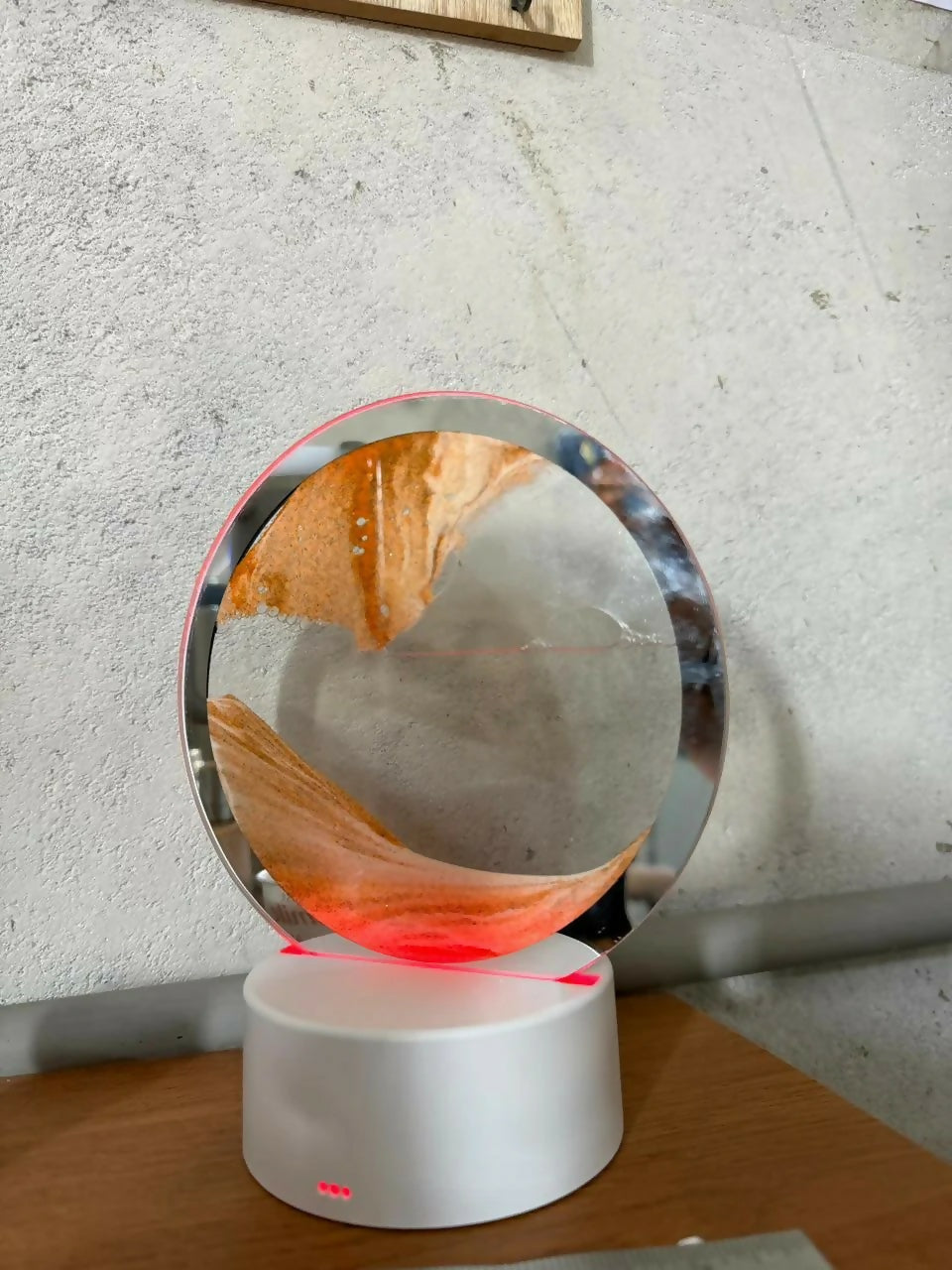 Orange Round Moving Sand Art LED Lamp with Flowing Landscape Design